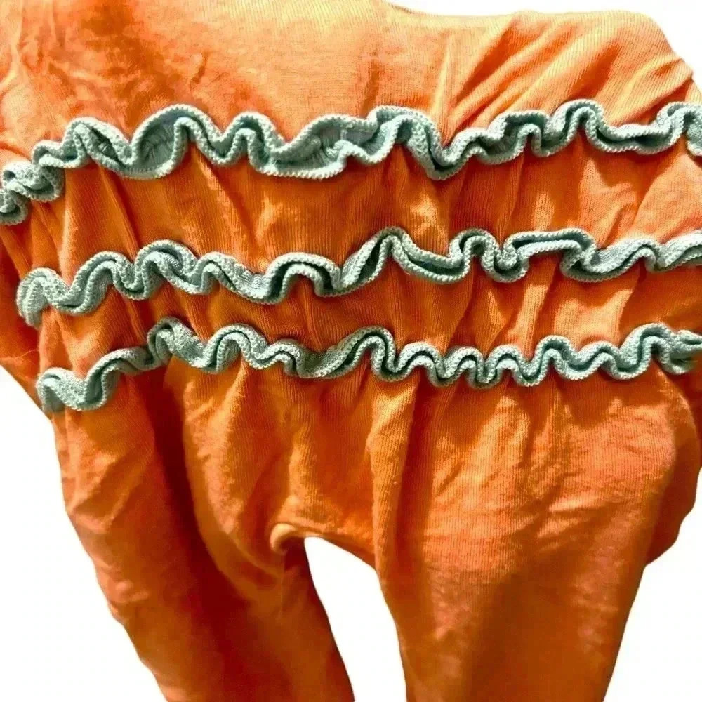 Kickee Pant 12-18 mo peach and teal muffin ruffle coveralls. Like new. - Picture 2 of 6